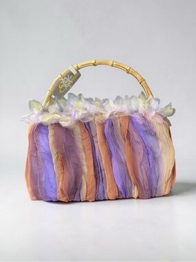 Pastel Multicolor Bamboo-Handle Floral Tote
